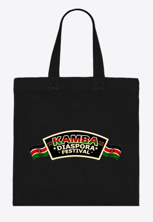Black KambaFest tote bag with Kenyan flag banner