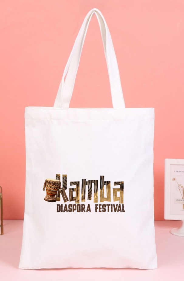 White KambaFest tote bag with drum logo