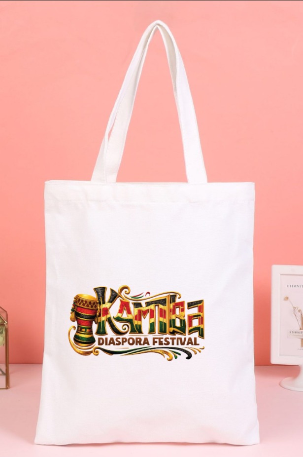 White KambaFest tote bag with colourful Kamba Diaspora Festival emblem
